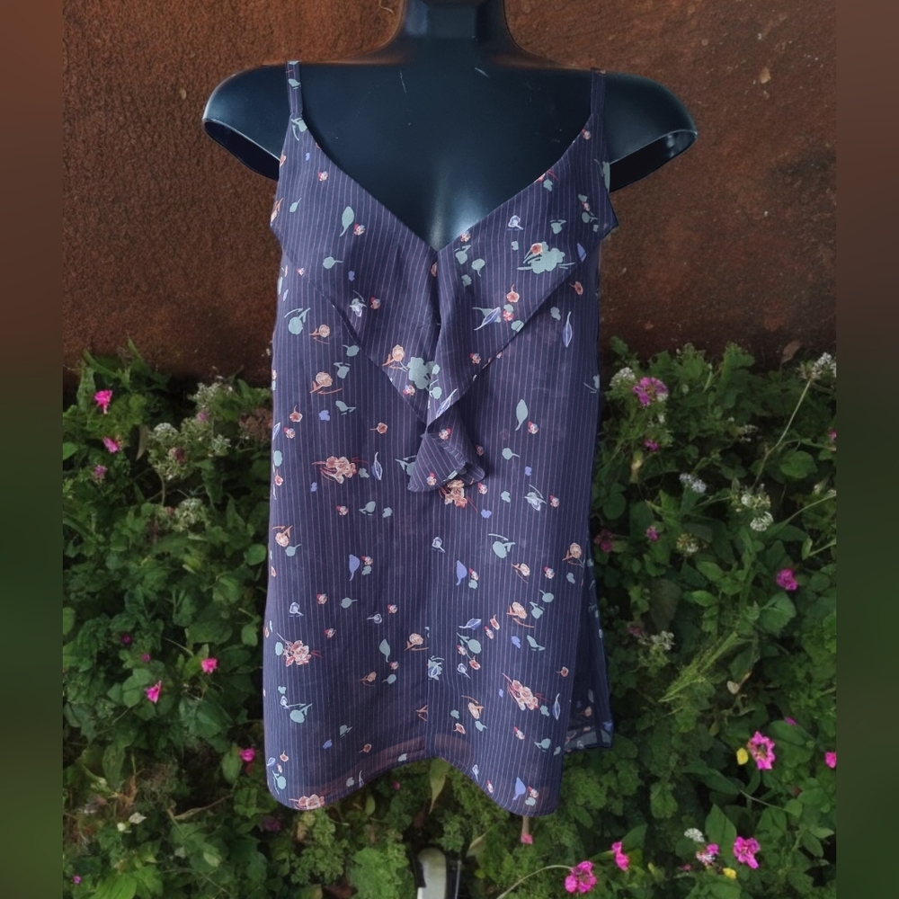Cabi Pinstripe Front Ruffle Floral Flowy Cami